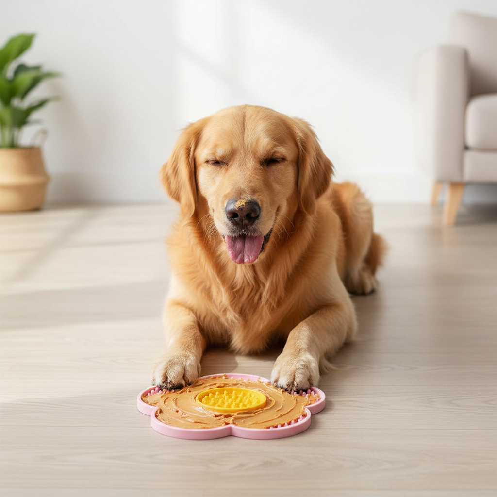 Golden retriever licking peanut butter off pink flower lick mat