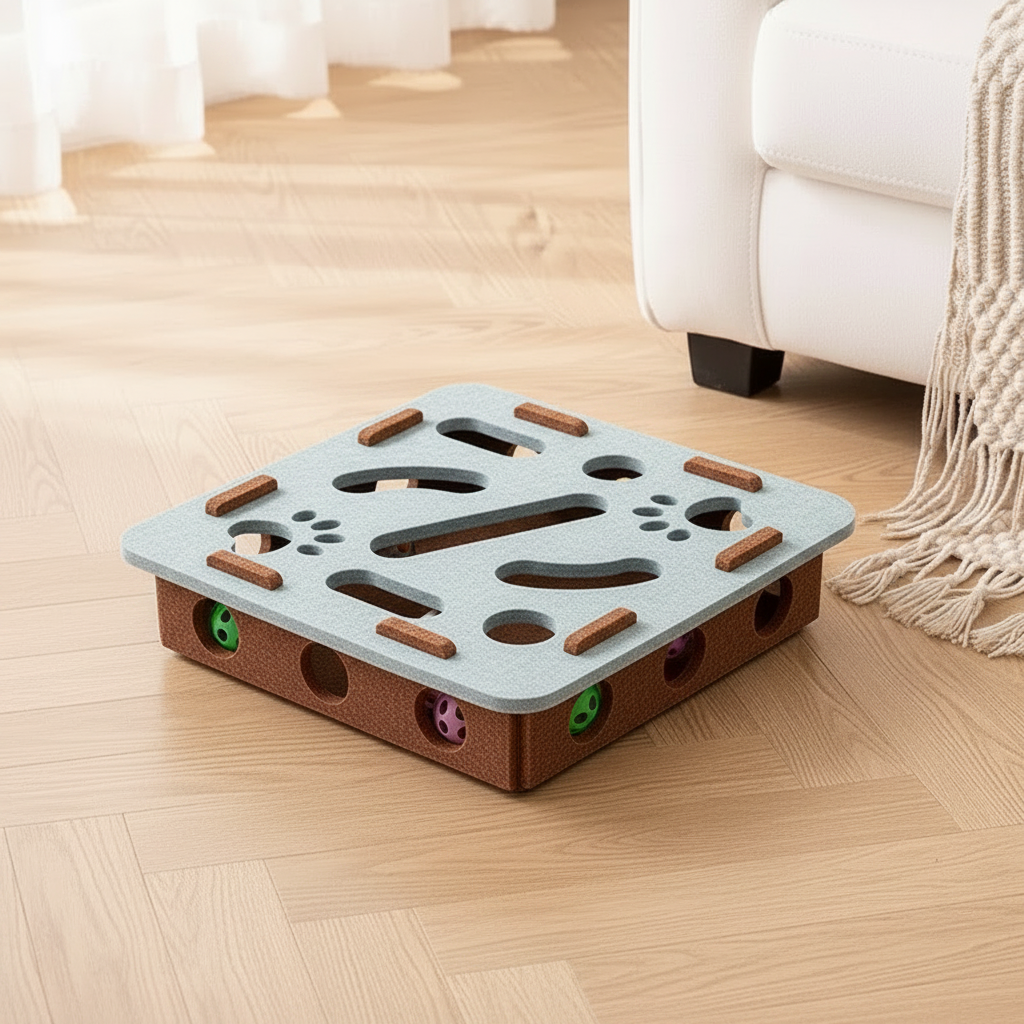 Grey-blue square cat puzzle toy box on warm wood floor with cozy home interior background