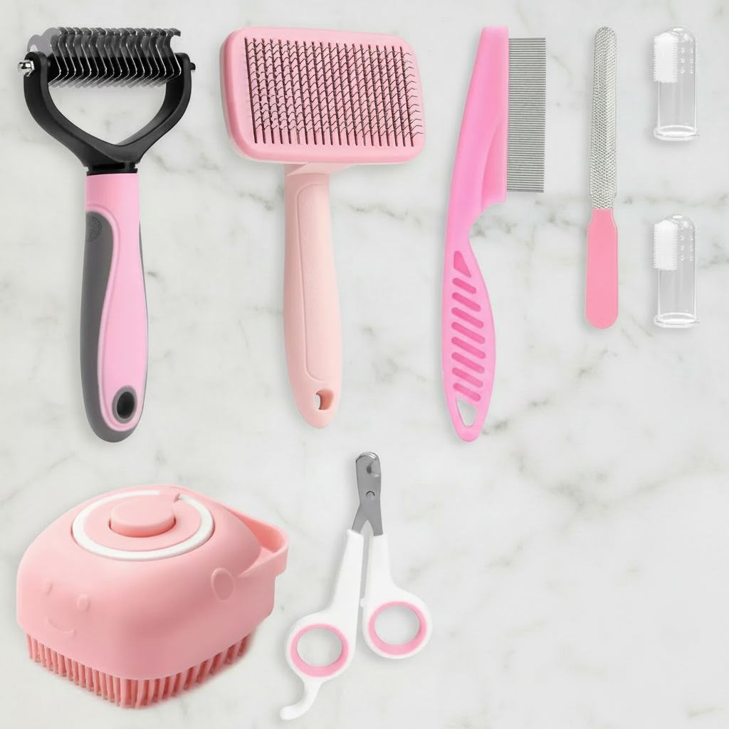 8-piece pink dog grooming kit tools arranged on white marble surface