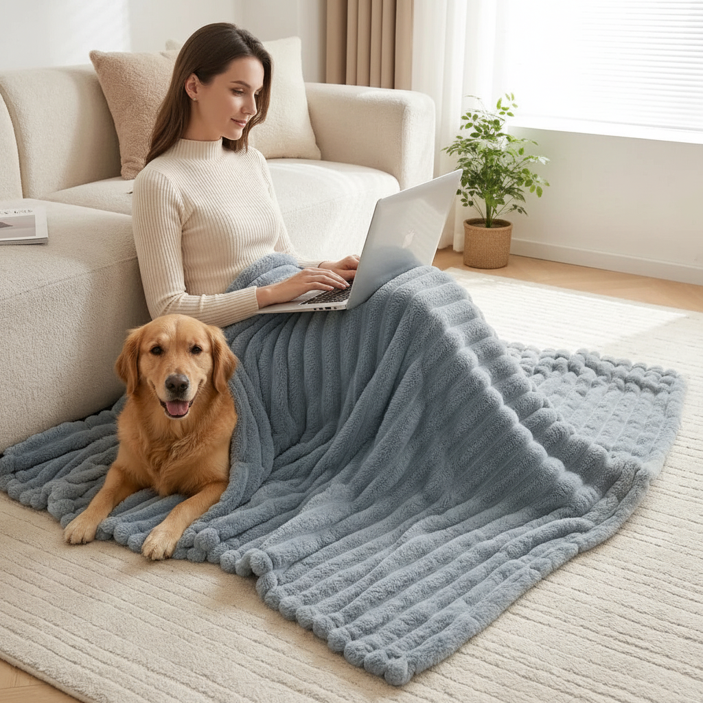 Woman and golden retriever sharing dusty blue ribbed blanket on modern sofa
