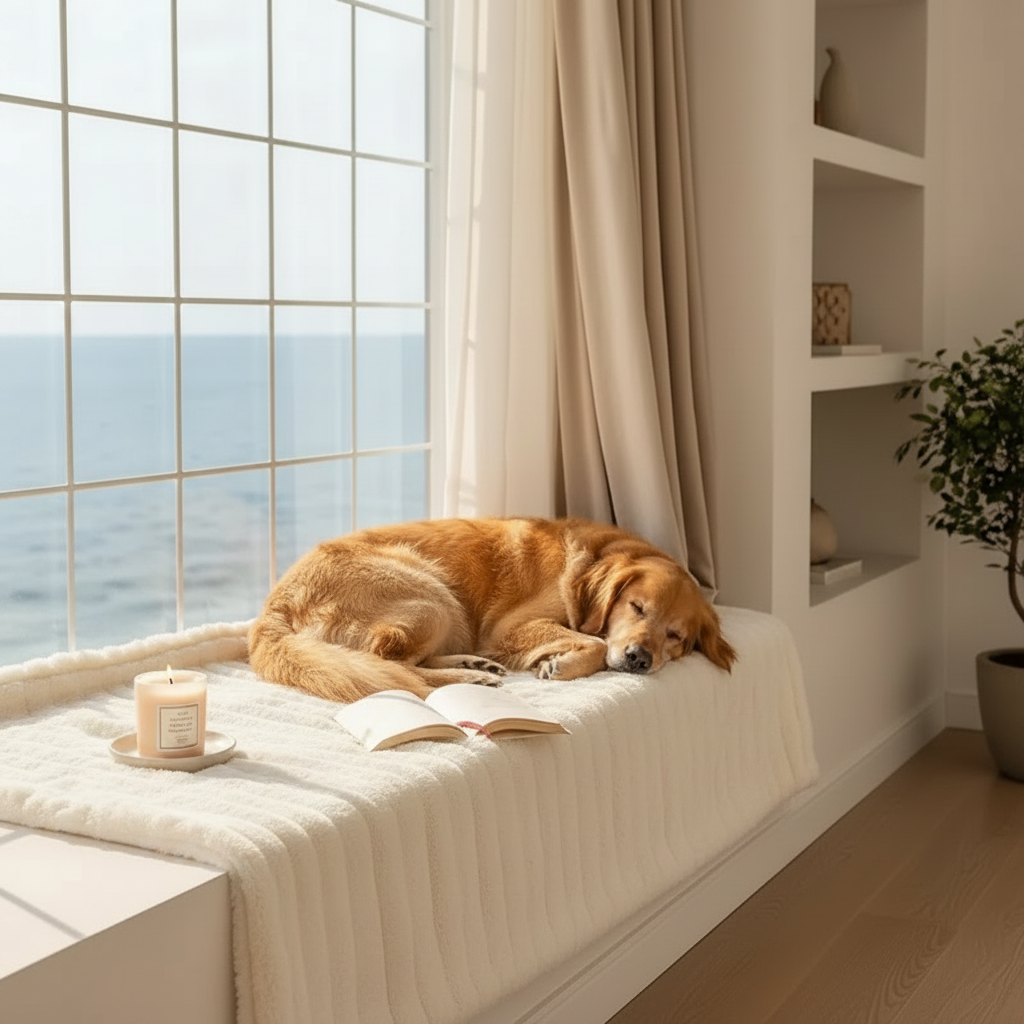 Golden retriever resting beside folded cream faux fur blanket on window seat