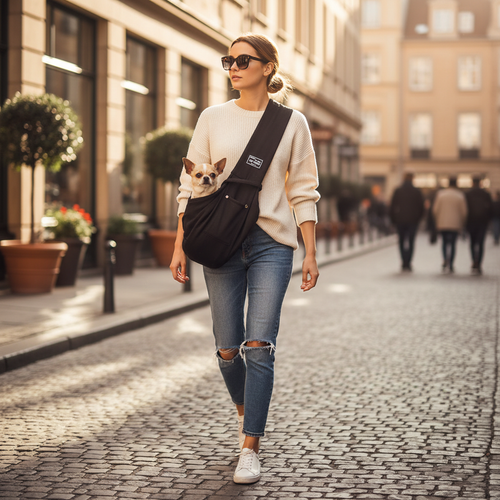 Woman walking city street with black crescent pet sling carrier, chihuahua peeking out