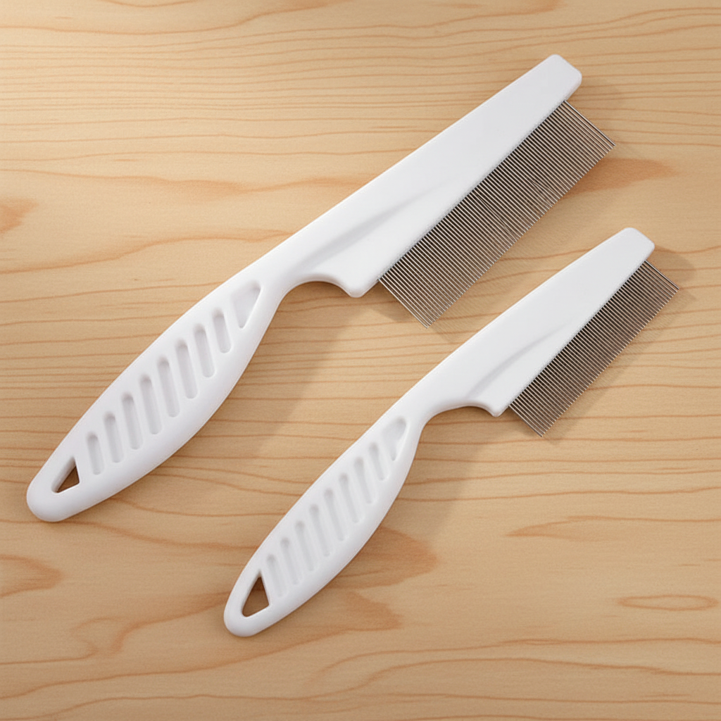 Two white pet flea combs in S and L sizes on warm light wood surface