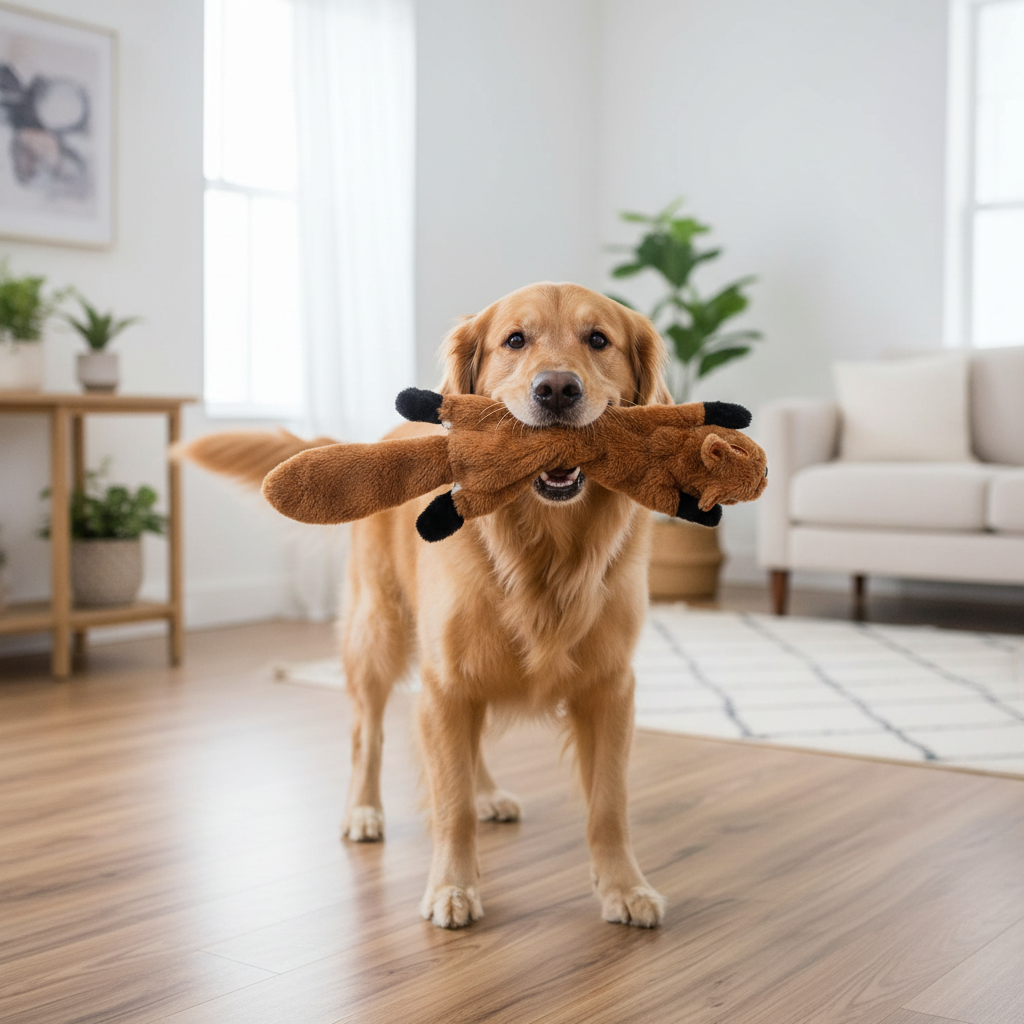 Golden retriever playing with flat plush squeaky fox dog toy