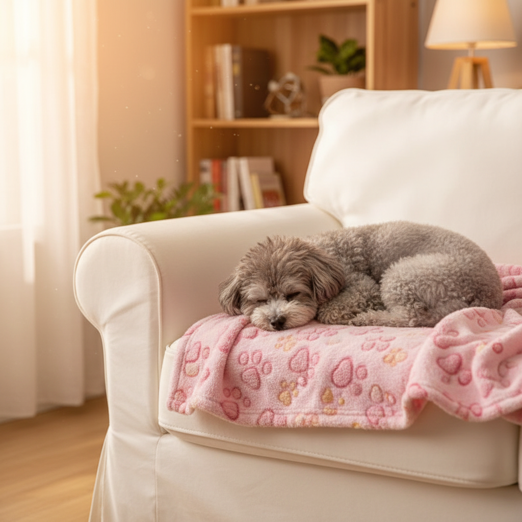 Fluffy grey toy poodle curled up sleeping on a soft pink paw print pet blanket on a cozy white couch