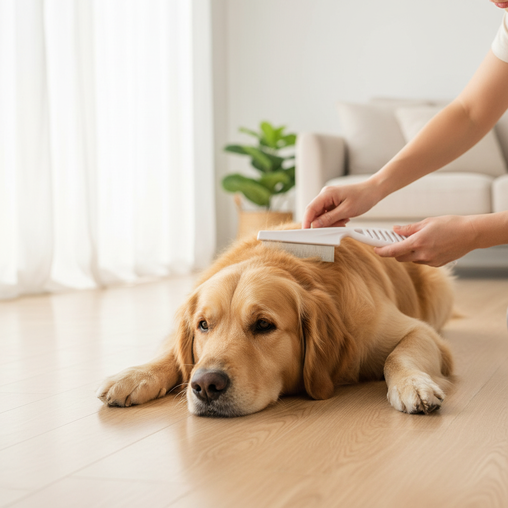 Person using white fine-tooth flea comb on golden retriever lying on light wood floor