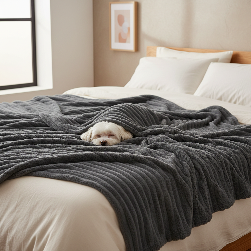 Small white fluffy dog snuggled under charcoal grey ribbed throw blanket on bed