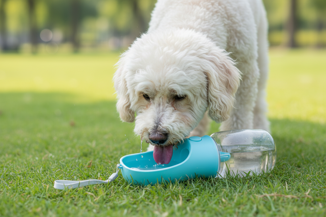 Fluffy white poodle drinking water from portable 2-in-1 dog bottle on the ground in a park