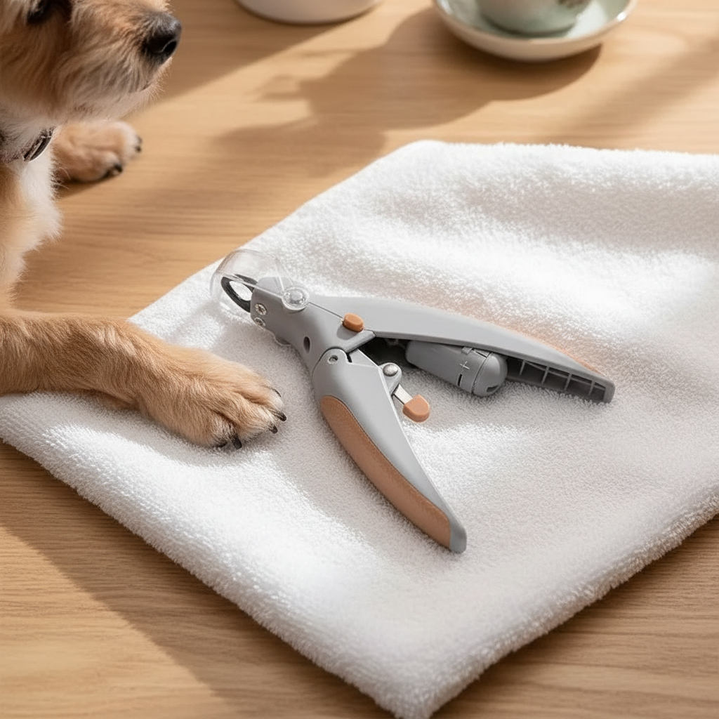 Gray LED pet nail clippers on white fluffy towel next to small dog's paw