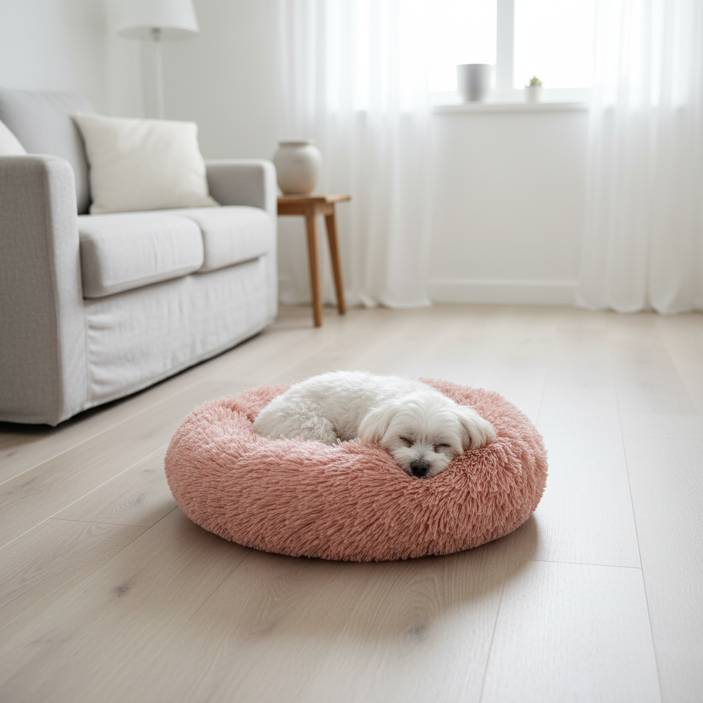 Pink plush donut dog bed with white Maltese