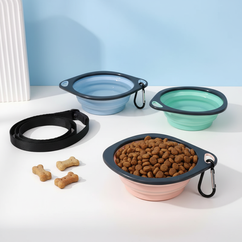 Three collapsible pet bowls with food and water flat lay