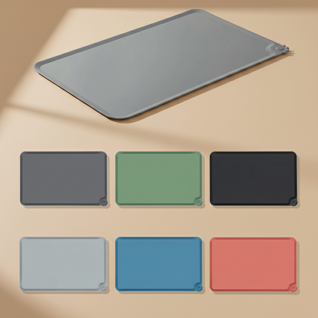 All six silicone pet feeding mat colors on beige background