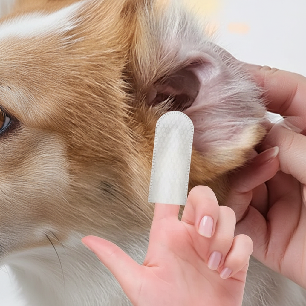 Close-up of finger wipe cleaning dog ear canal