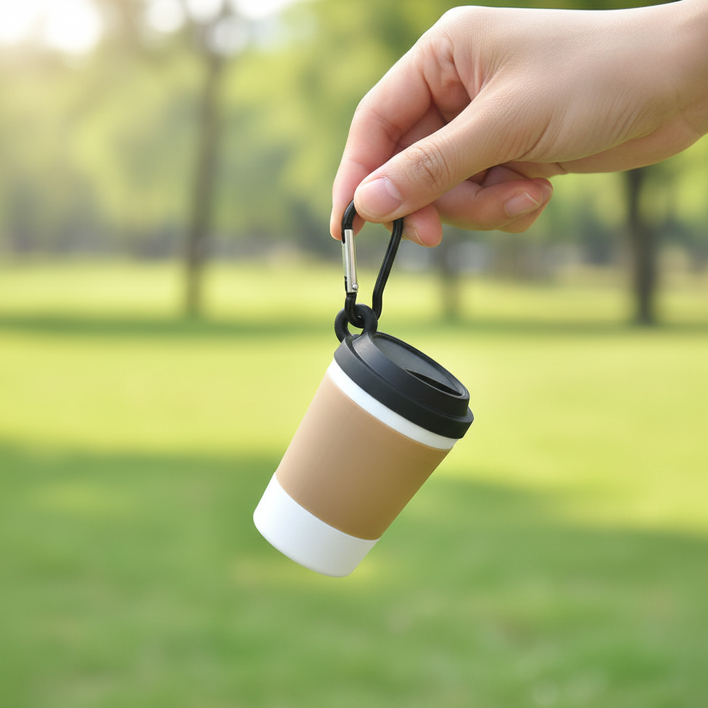 Hand holding coffee cup poop bag dispenser in park