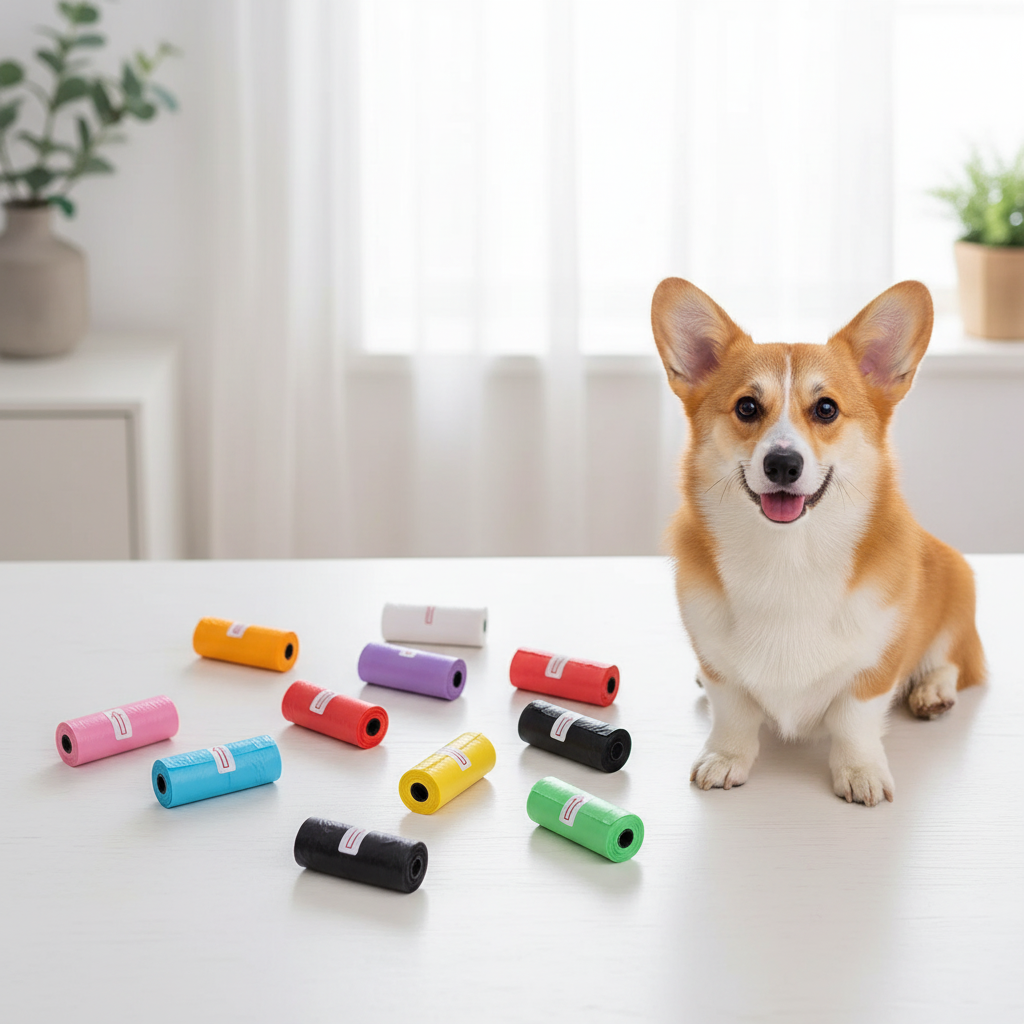 Colorful dog poop bag rolls with corgi