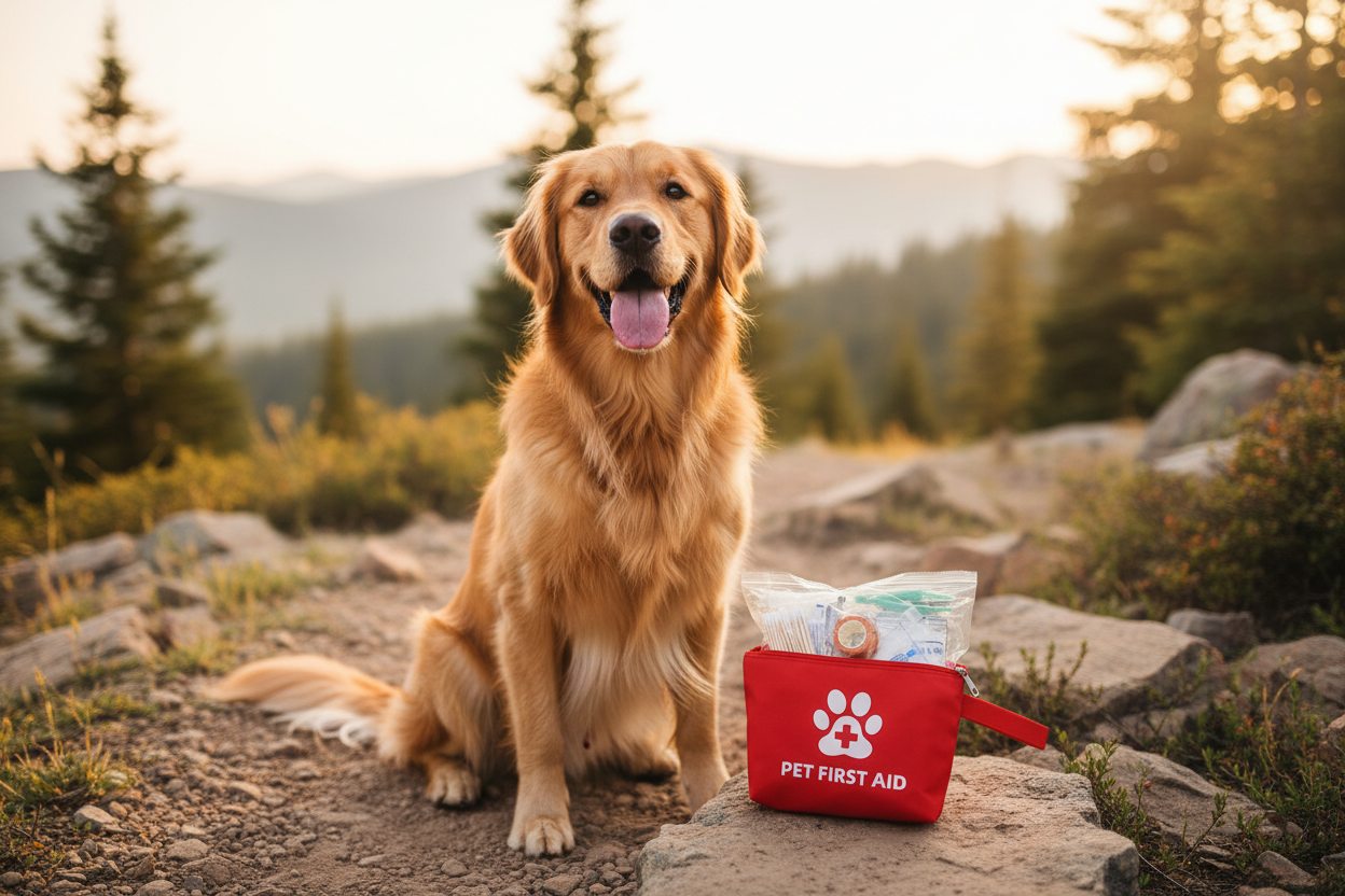 Pet First Aid Kit with dog on hiking trail