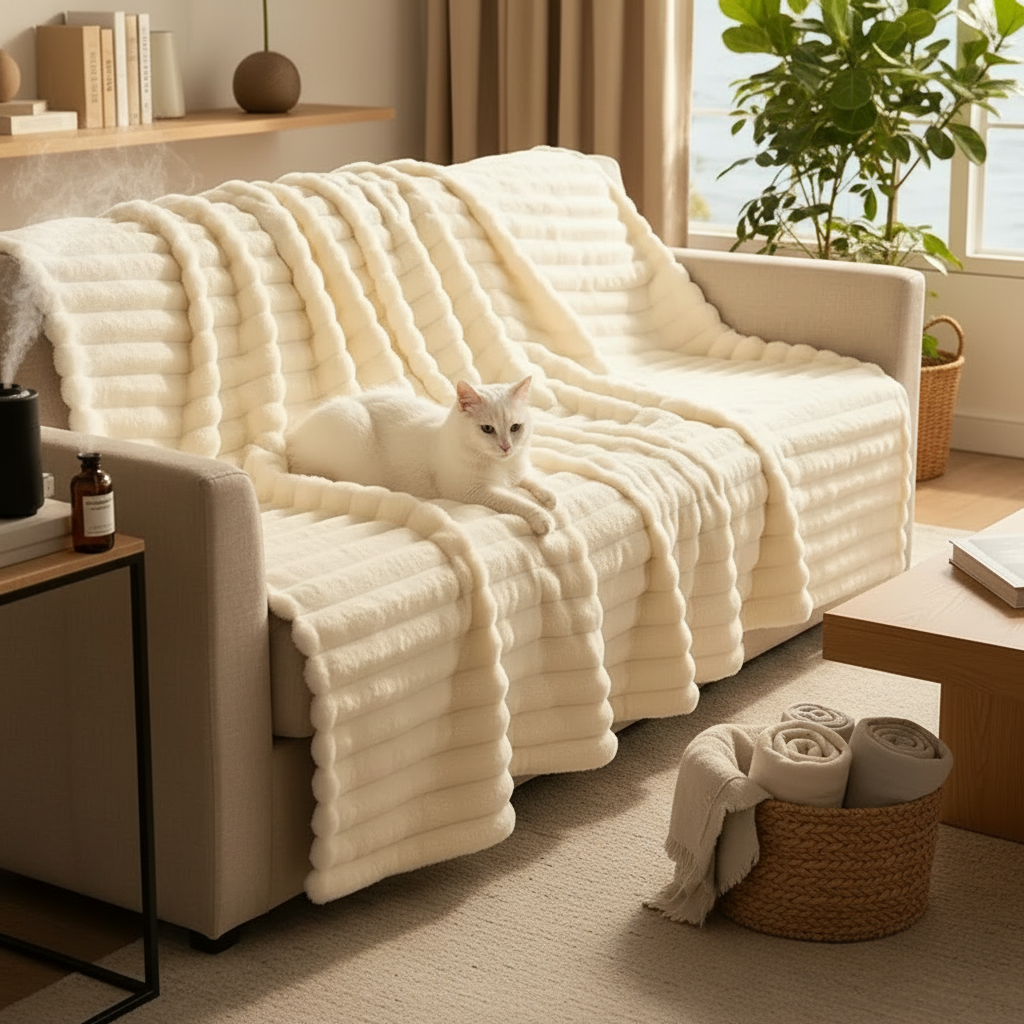 White cat lounging on cream faux fur blanket draped over sofa arm