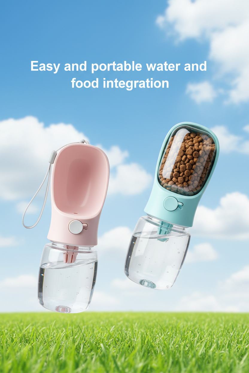 Pink and blue 2-in-1 dog bottles floating against sky and grass background